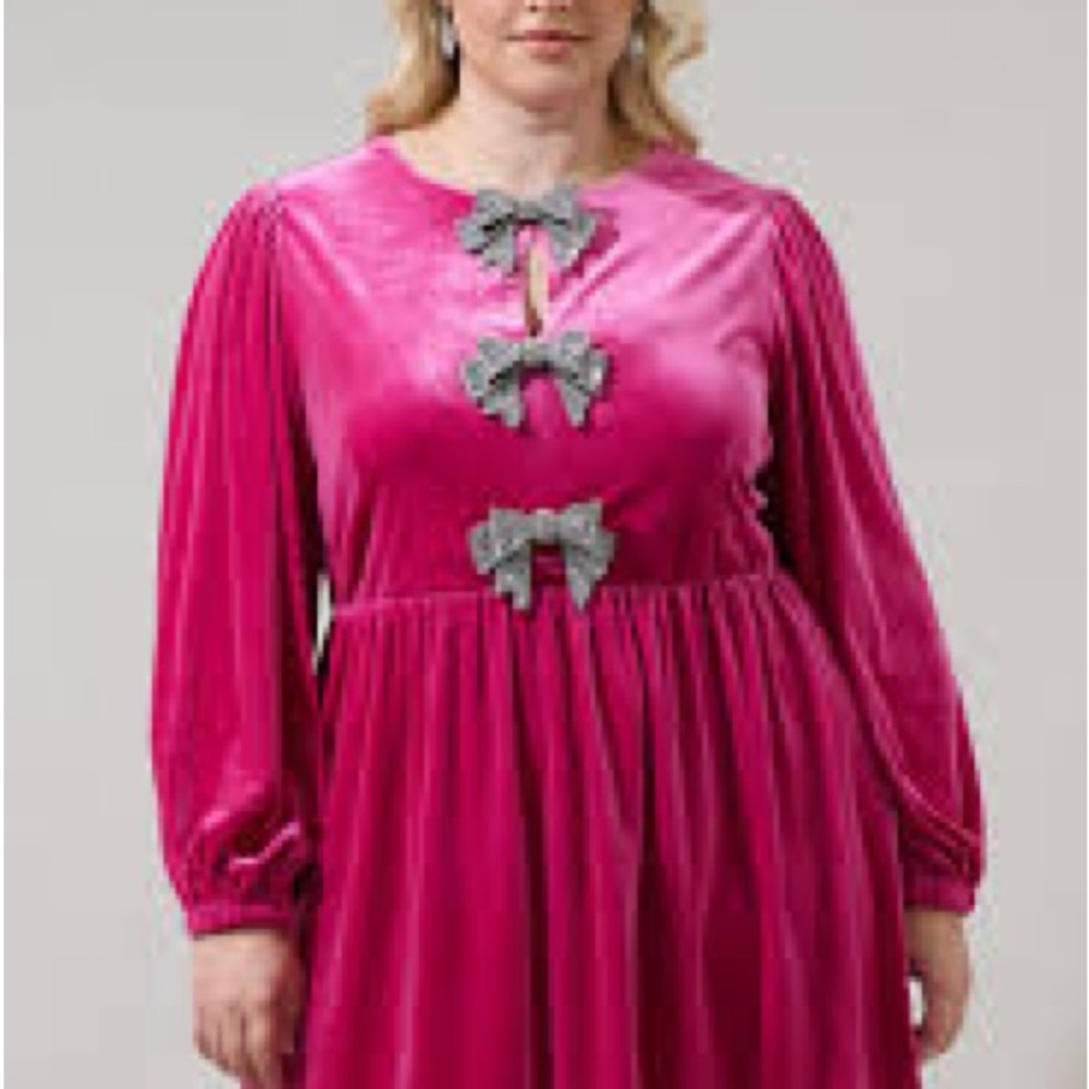 Sugarlips Fuchsia Long Sleeve Dress with Gray Bow Details